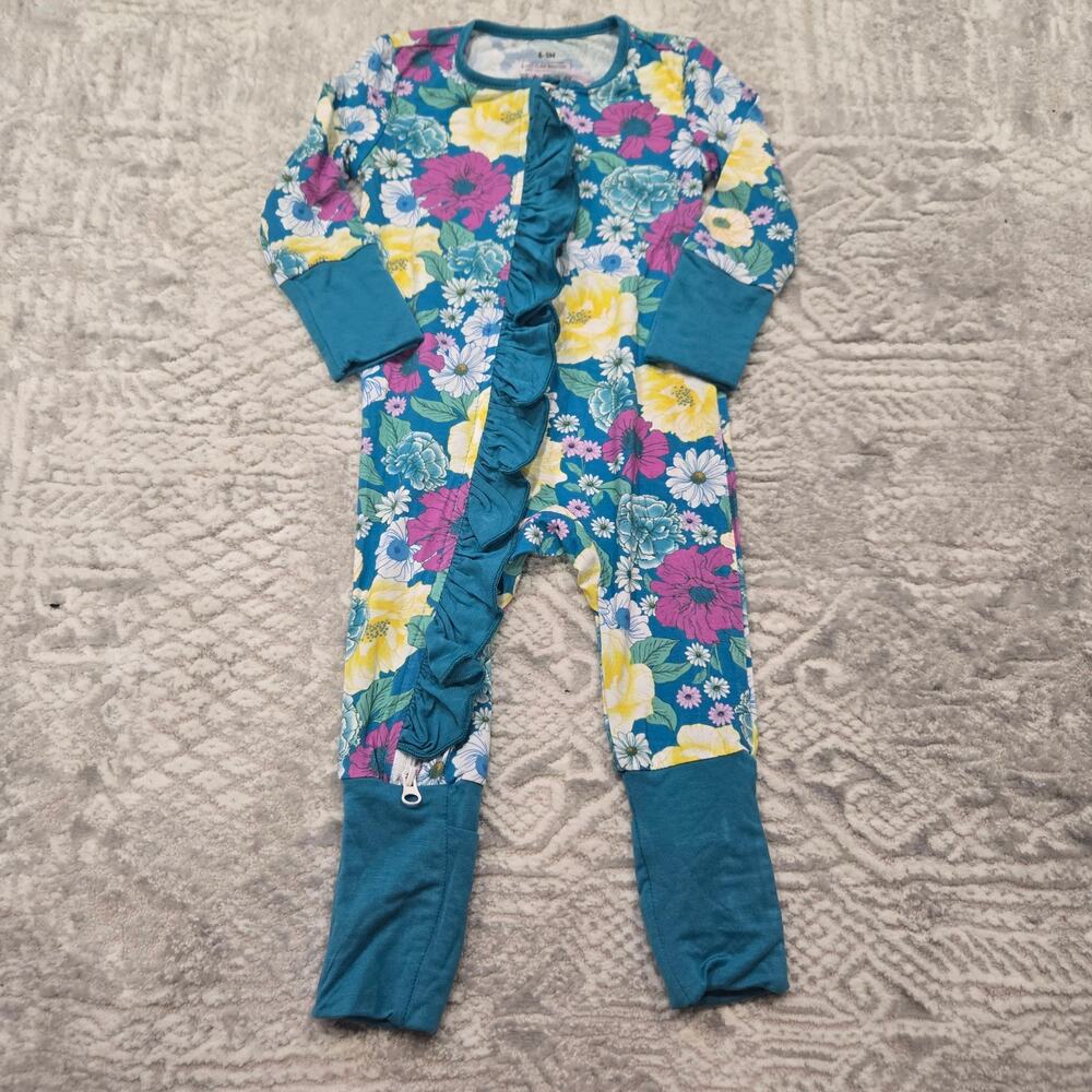 Baby‎ Bamboo Pajama Outfit Zip Teal Floral Yellow Ruffle 6-9 Month